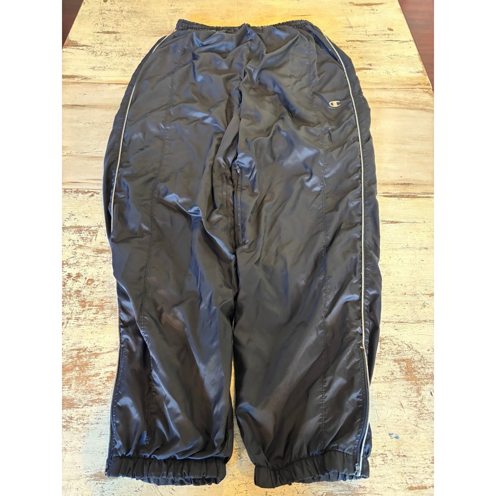 CHAMPION track pants mens M black mesh lined windbreaker ankle zip and piping